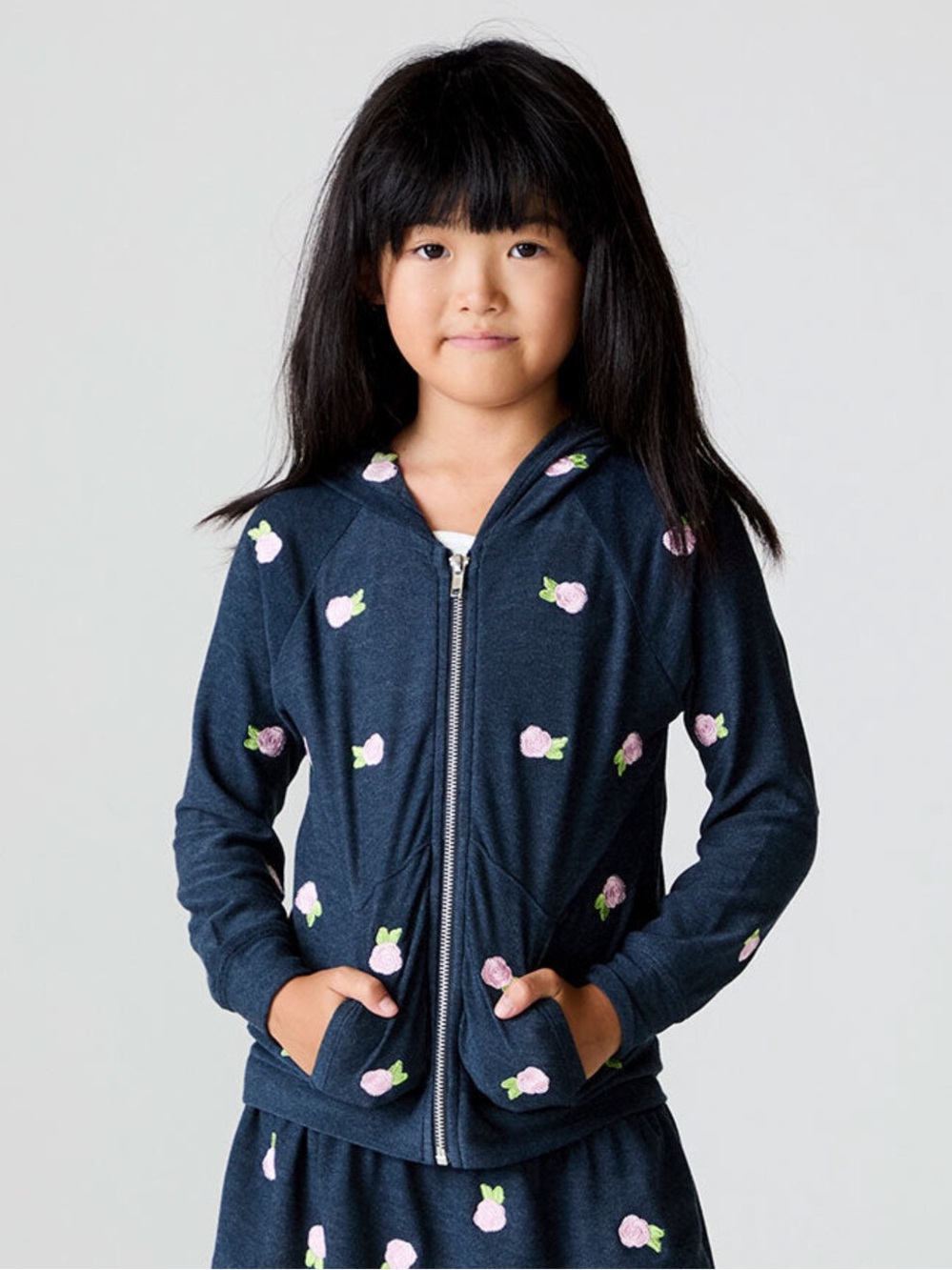 Chaser Girls Navy Rose Buds Cozy Knit Zip Hoodie size 7